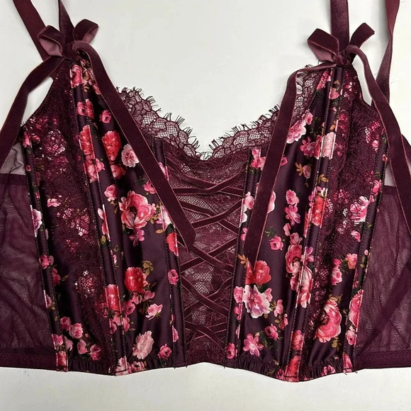 Victoria's Secret Corset Bra Top in Peony Trellis Maroon Red Floral Bows Medium - Picture 5 of 8